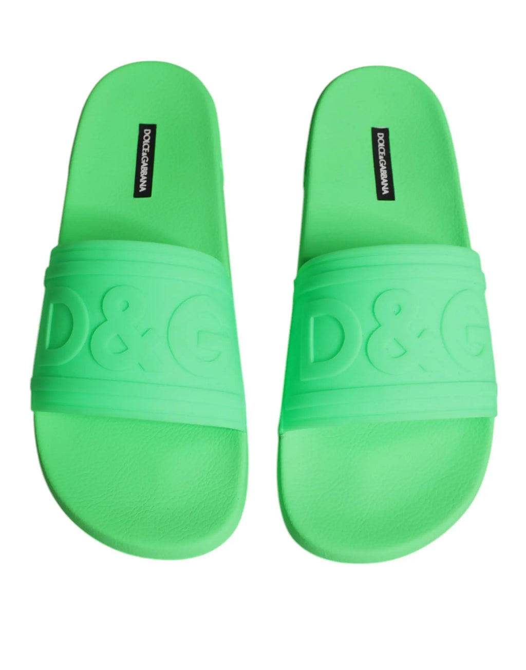 Sandales slides dolce & gabbana vert néon en cuir avec logo d&g embossé sur la bride pour plage et ville