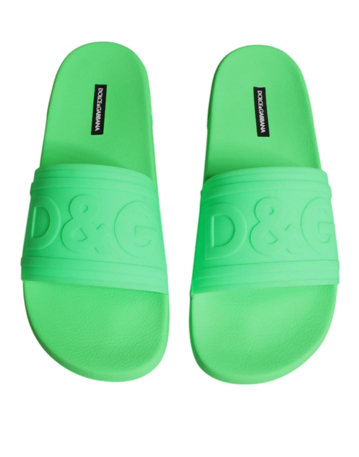 Sandales slides dolce & gabbana vert néon en cuir avec logo d&g embossé sur la bride pour plage et ville