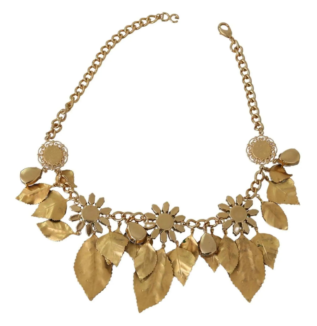 Collier pendentif en laiton doré dolce & gabbana avec motifs feuilles vertes et tournesols en cristal