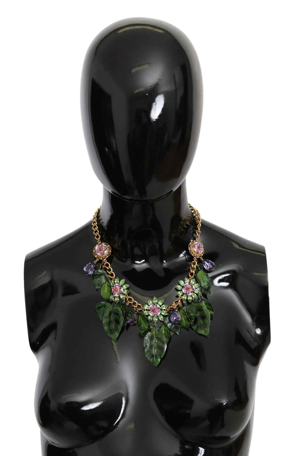 Collier délicat dolce et gabbana en laiton doré avec fleurs en cristal rose et feuilles vertes