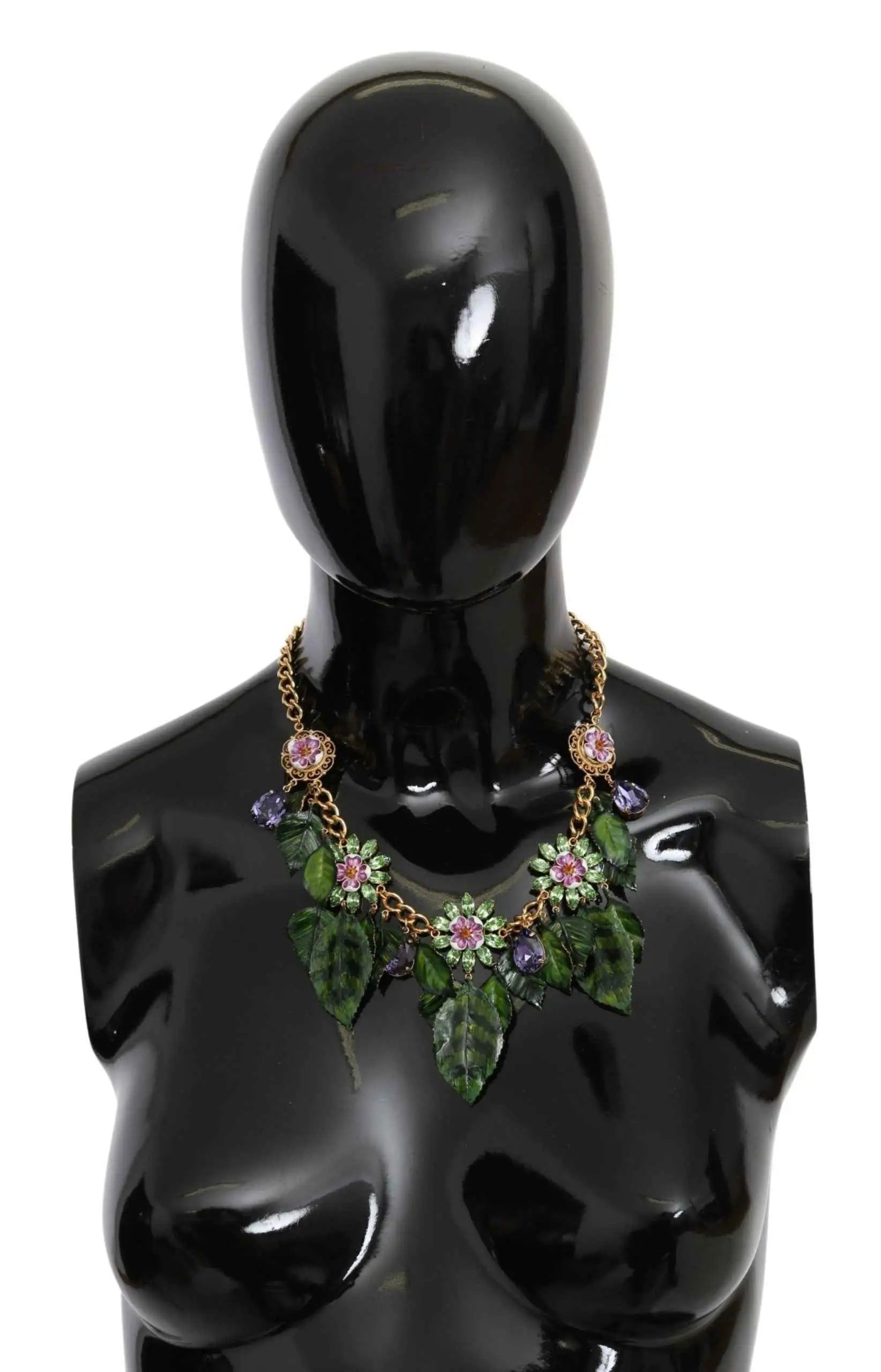 Collier délicat dolce et gabbana en laiton doré avec fleurs en cristal rose et feuilles vertes