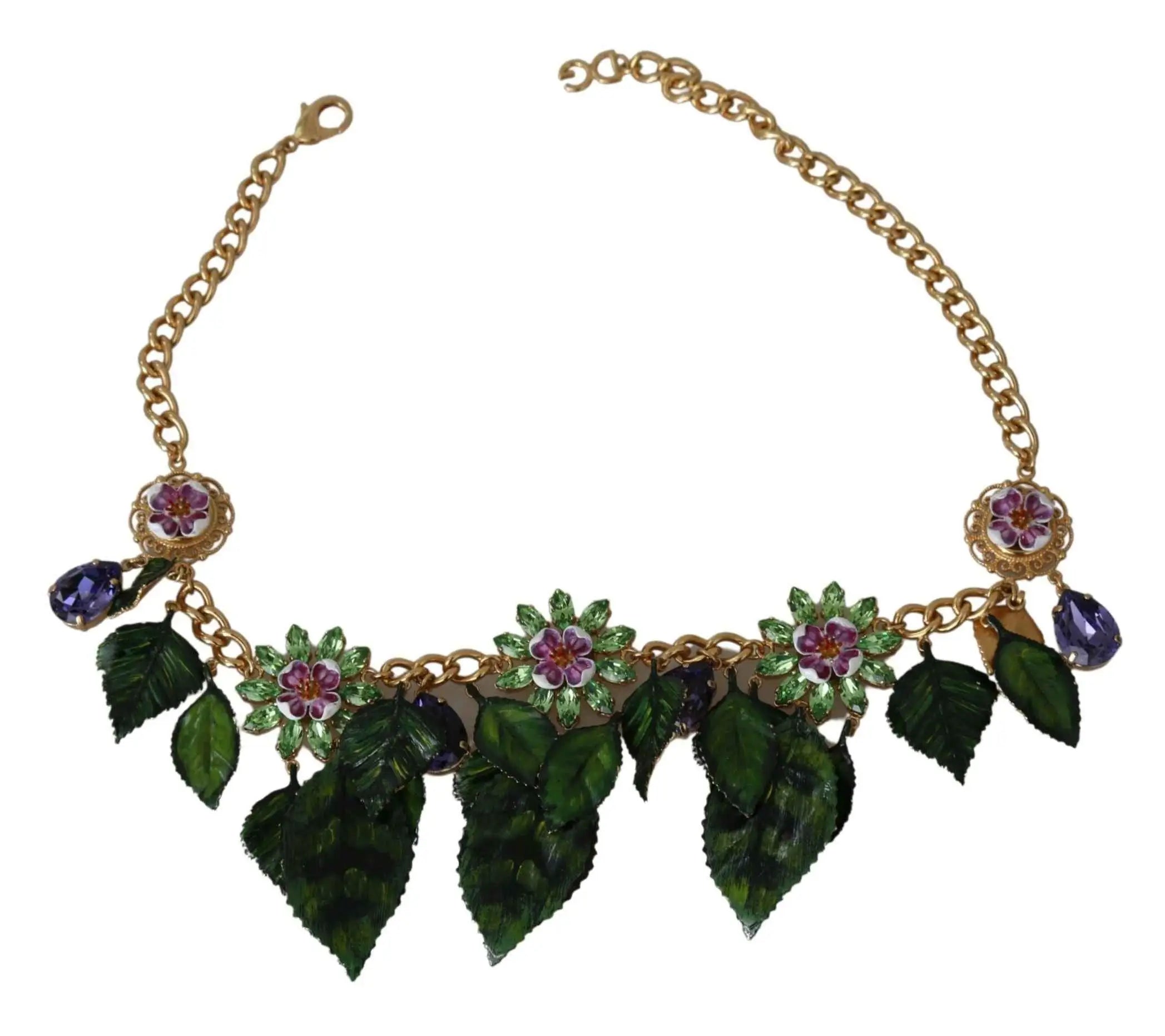 Collier chaîne en laiton doré dolce & gabbana orné de fleurs violettes et vertes avec pendentifs feuilles vert foncé