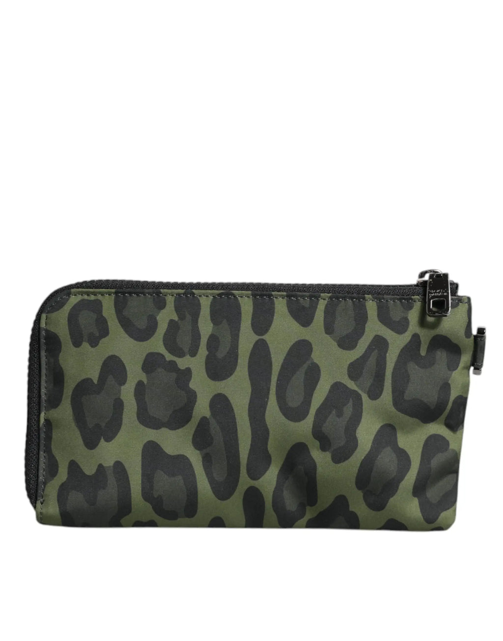 Trousse multifonctionnelle dolce & gabbana en cuir vert olive imprimé léopard avec fermeture éclair noire et plaque logo