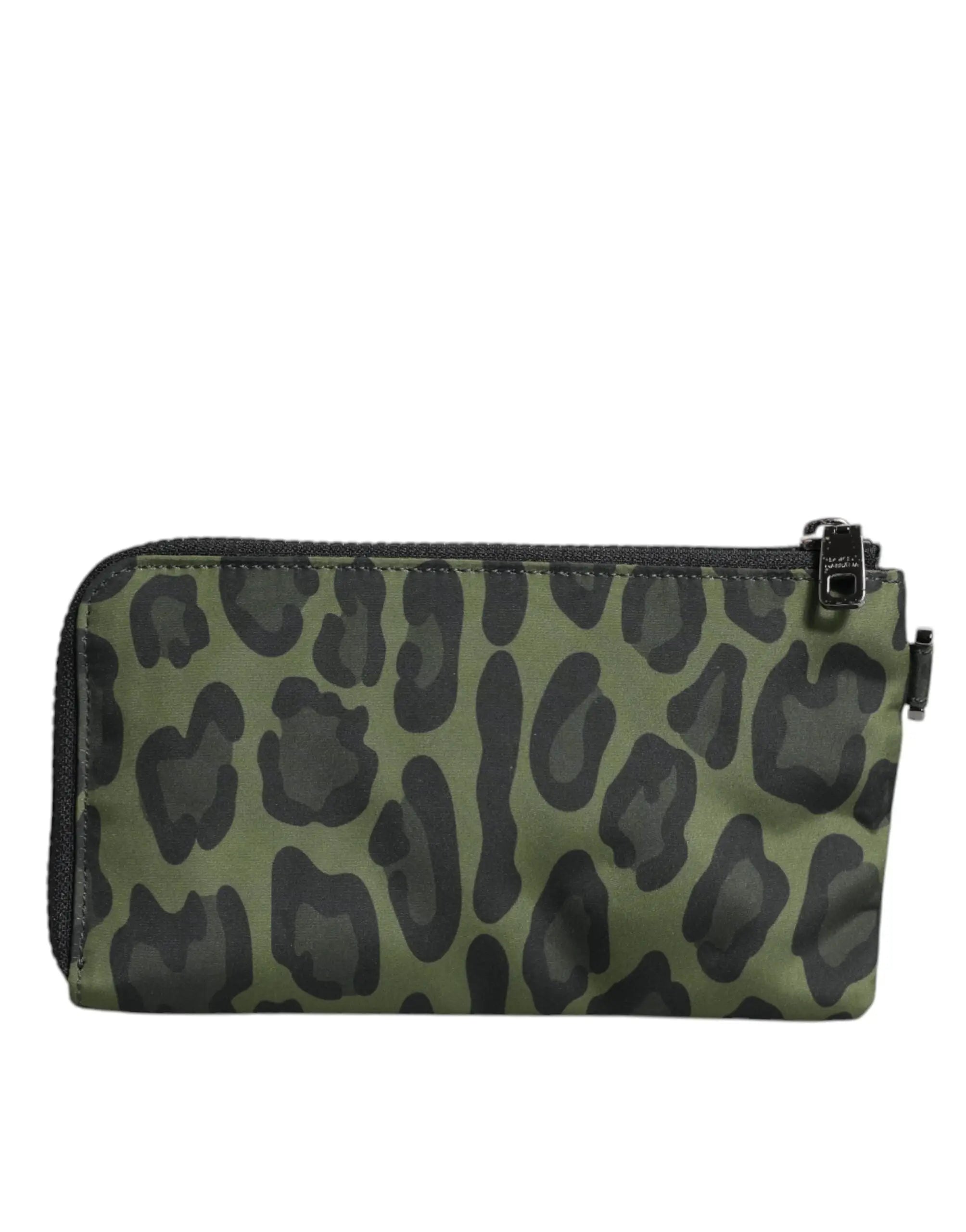 Trousse multifonctionnelle dolce & gabbana en cuir vert olive imprimé léopard avec fermeture éclair noire et plaque logo