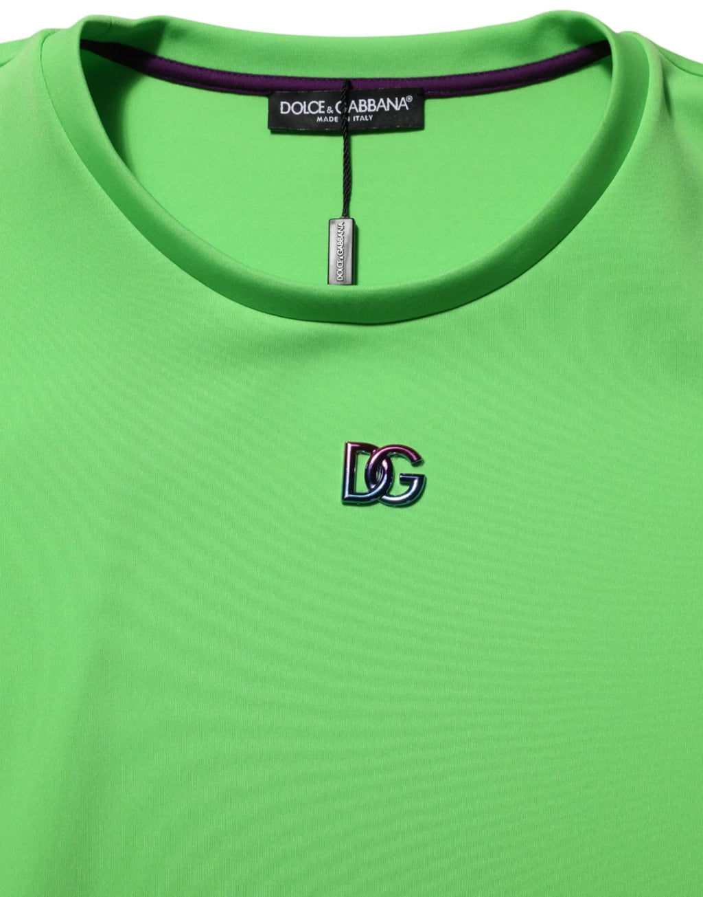 T-shirt dolce & gabbana vert néon avec logo dg métallique entrelacé au centre poitrine manches courtes col rond