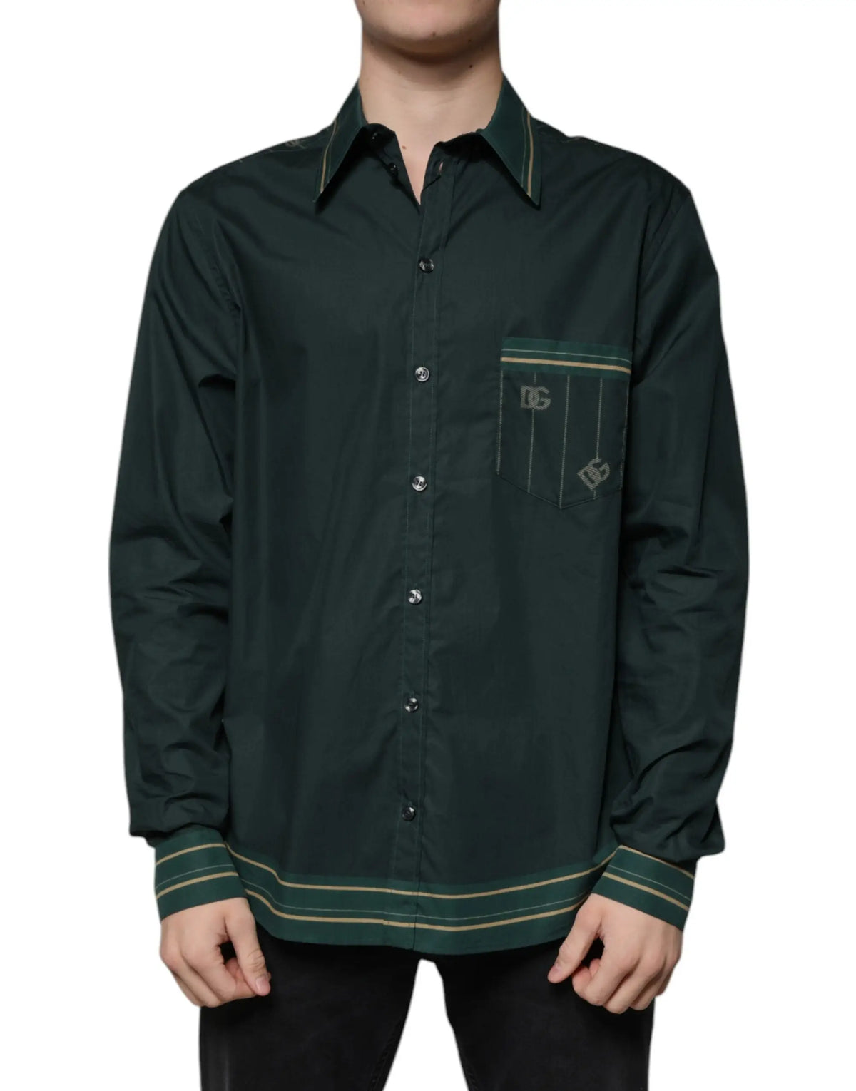 Chemise verte à manches longues dolce & gabbana avec boutonnière et bordure dorée contrastante aux col, poignets et ourlet