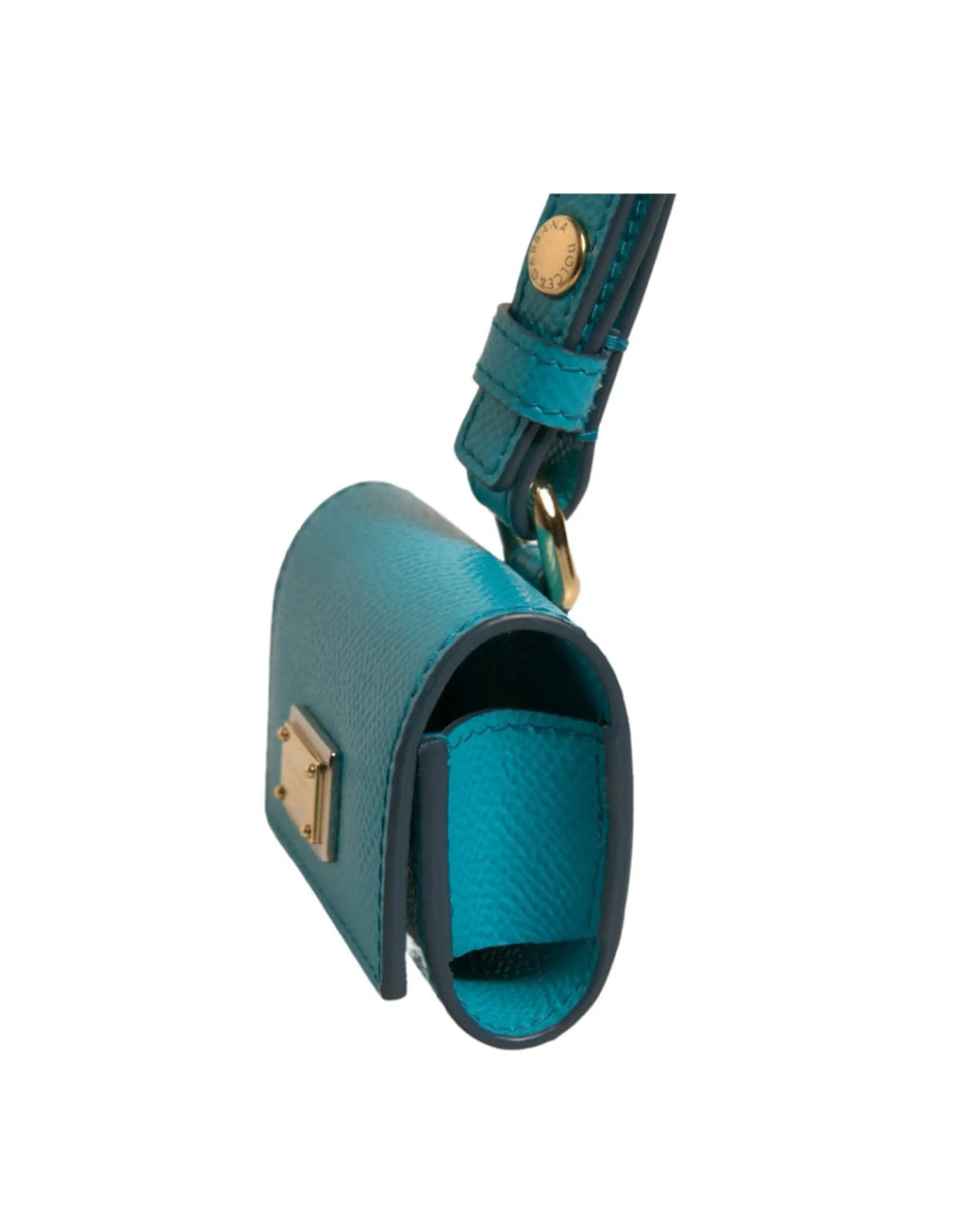 Étui airpods en cuir vert dallas & gabbana avec plaque logo, matériel doré et sangle assortie en cuir teal