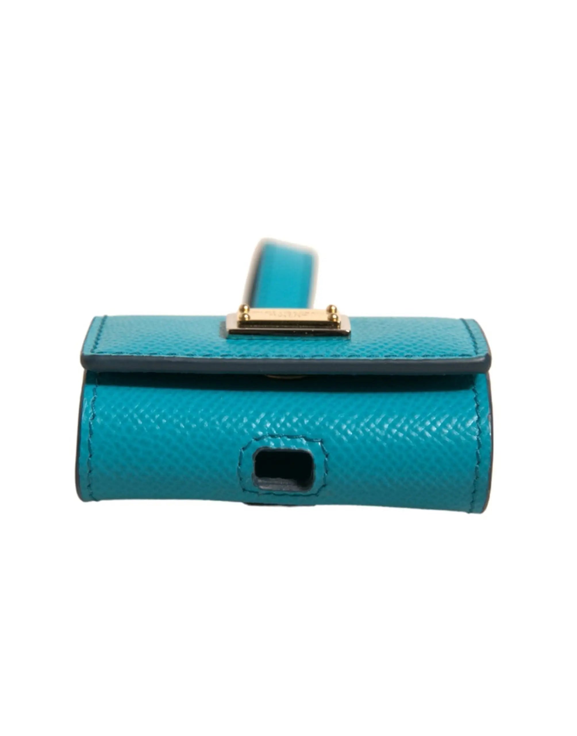Dolce & gabbana airpods case en cuir vert turquoise texturé avec logo doré et sangle métal or minimaliste