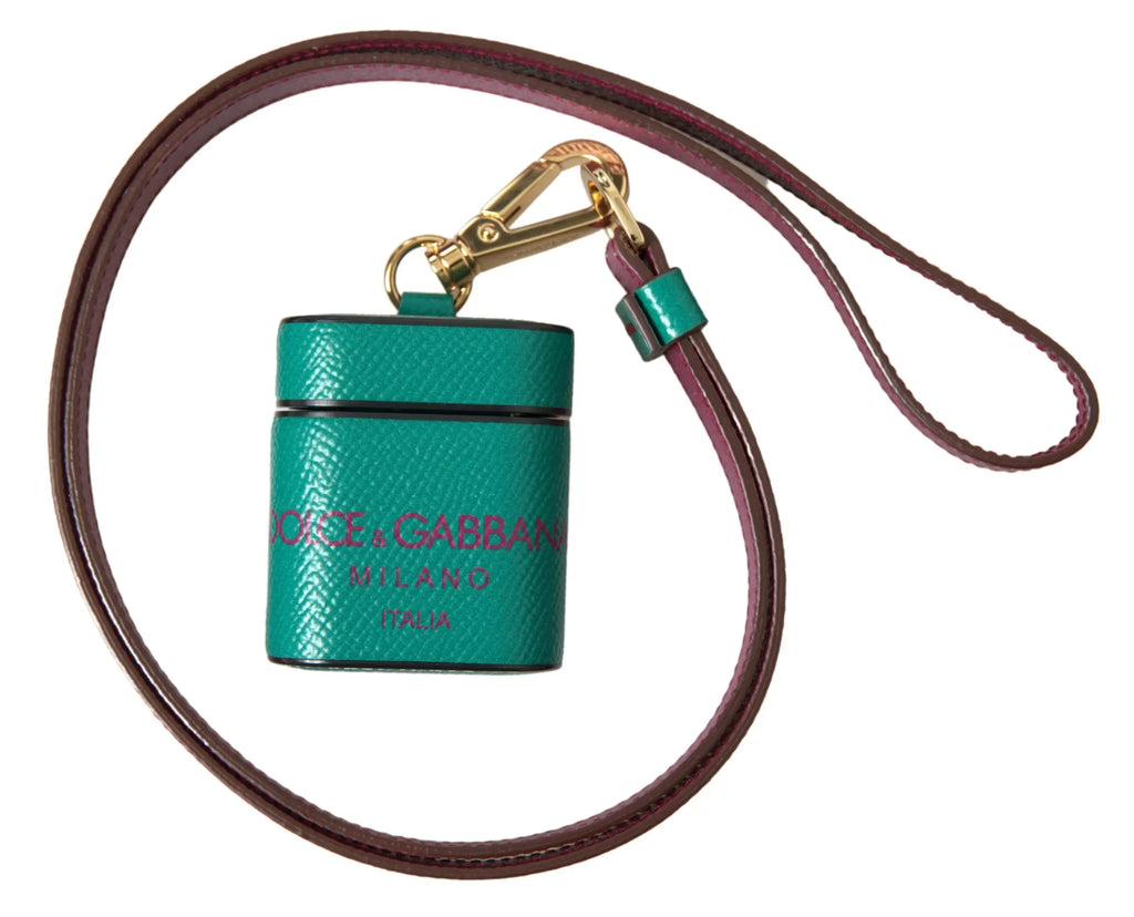 Étui airpods dolce & gabbana en cuir texturé vert sarcelle avec sangle marron et détails dorés