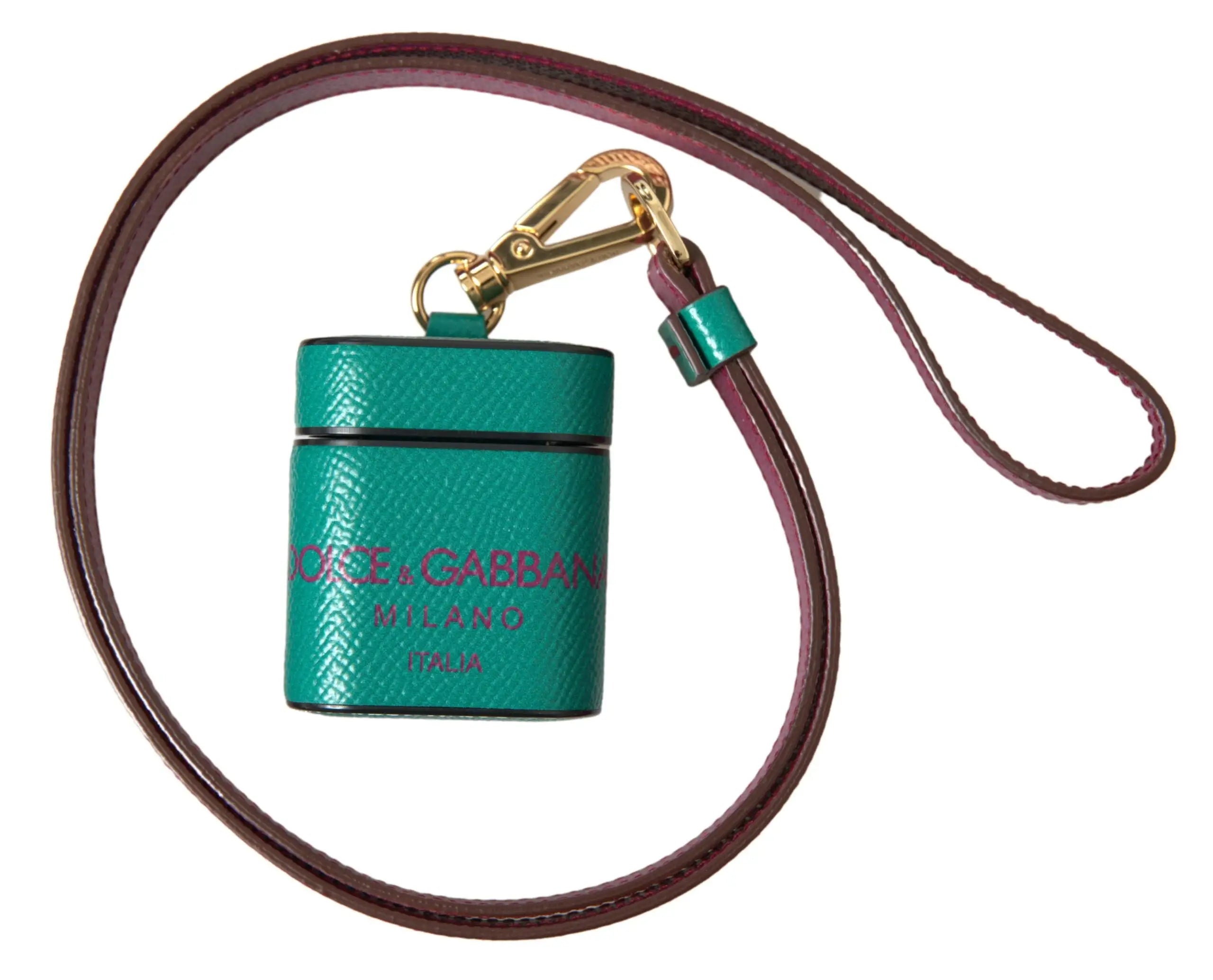 Étui airpods dolce & gabbana en cuir texturé vert sarcelle avec sangle marron et détails dorés