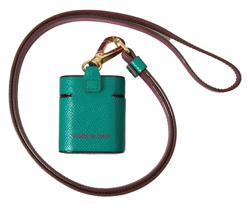 Étui airpods dolce & gabbana en cuir de veau vert et bordeaux avec texture finition cuir grainé et sangle dorée