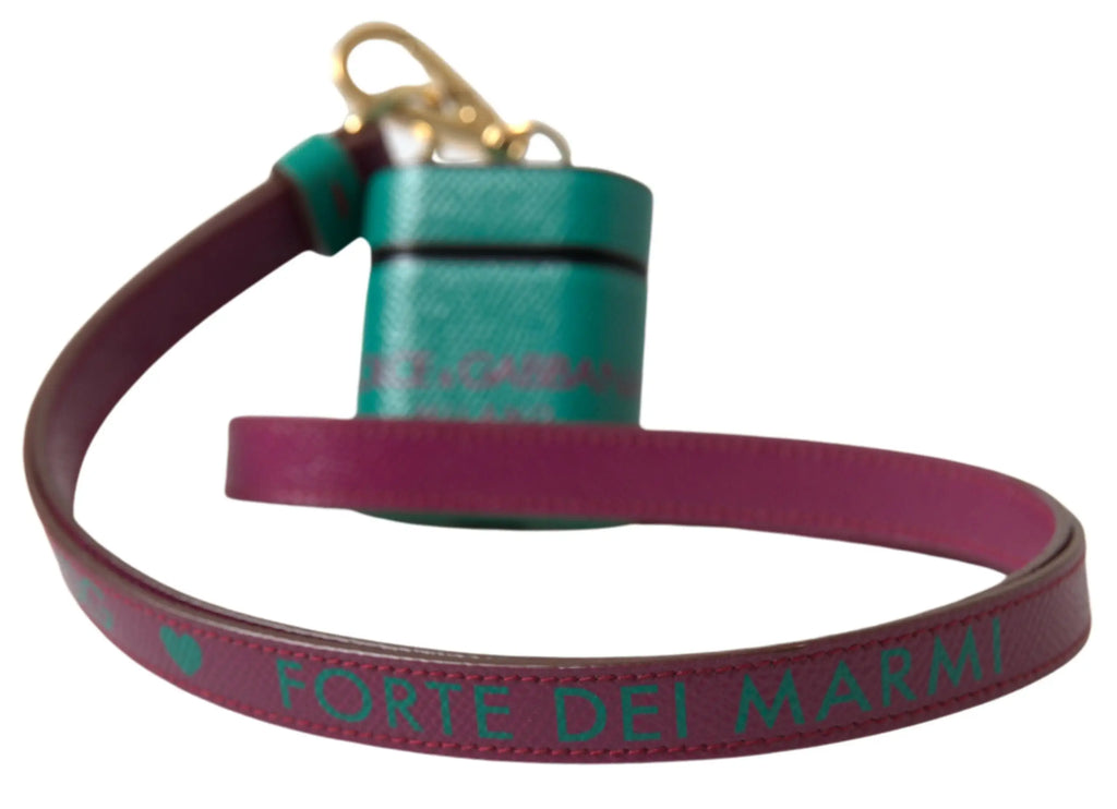 Étui airpods en cuir de veau vert dolce & gabbana avec sangle bordeaux et lettrage forte dei marmi vert