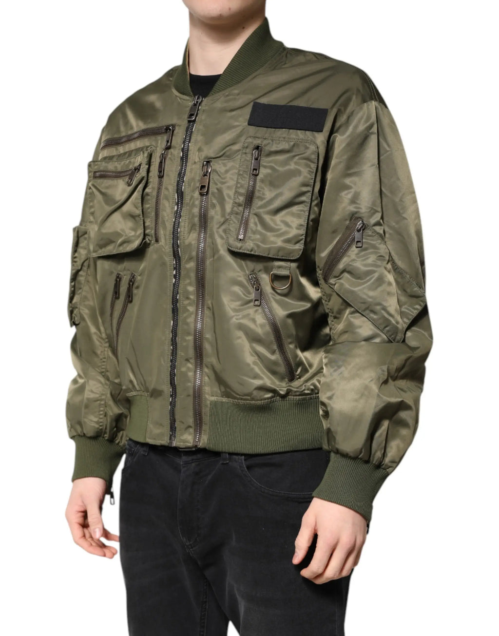 Veste bomber homme dolce & gabbana en nylon vert olive avec fermeture éclair complète et poches zippées multiples