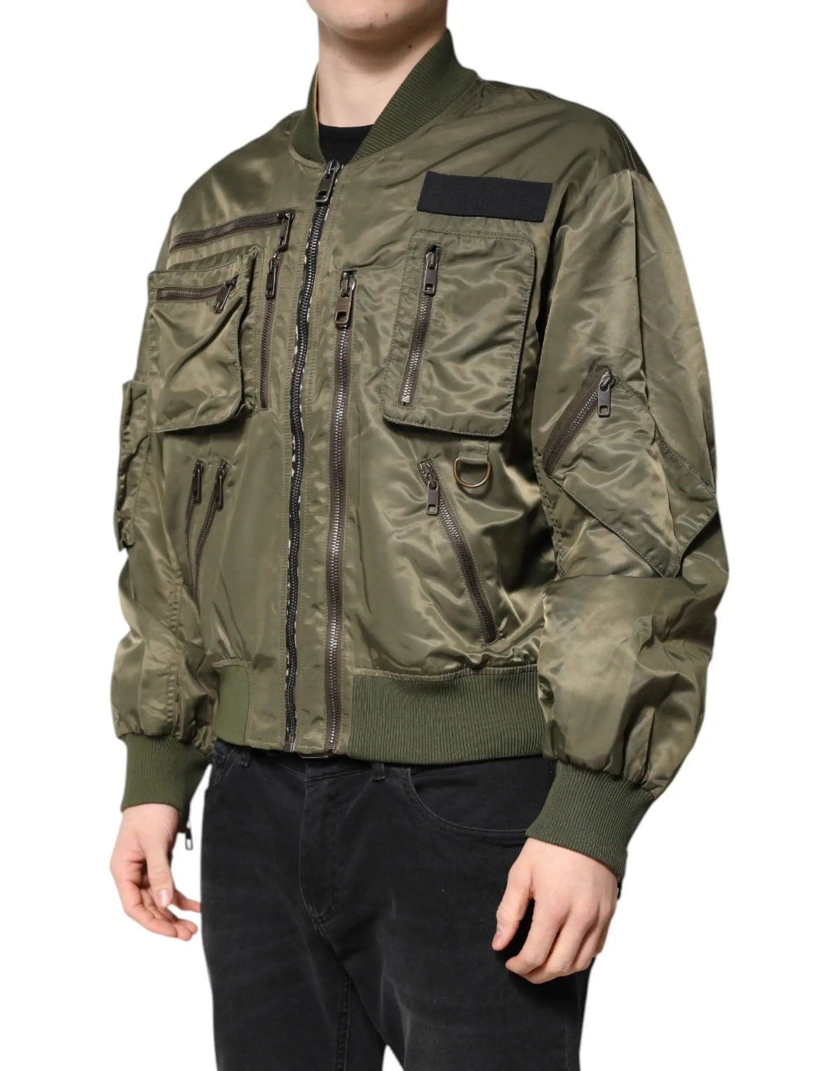 Veste bomber homme dolce & gabbana en nylon vert olive avec fermeture éclair complète et poches zippées multiples