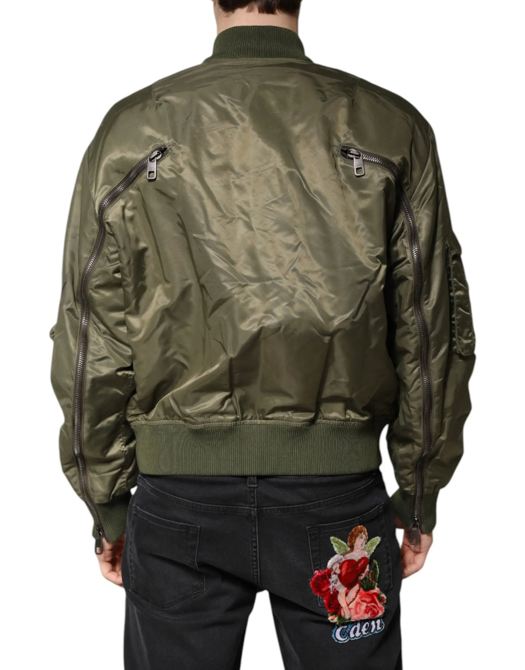 Veste bomber olive en satin dolce & gabbana pour homme avec poches zippées et col côtelé en nylon vert