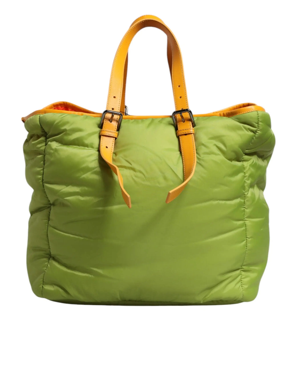 Dolce & gabbana tote en nylon vert lime matelassé avec poignées et bordure en cuir orange contrastant