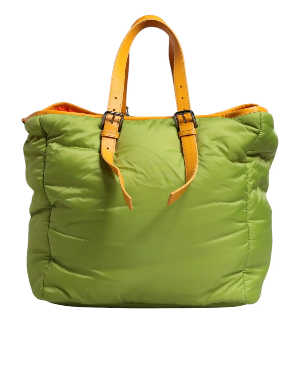Dolce & gabbana tote en nylon vert lime matelassé avec poignées et bordure en cuir orange contrastant