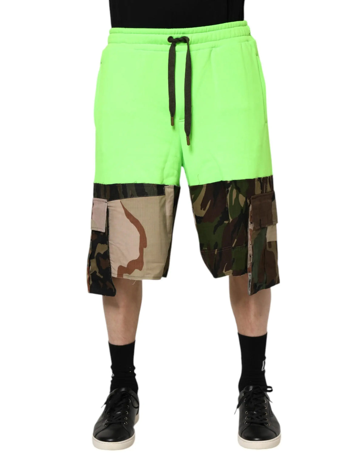 Dolce & gabbana bermuda cargo homme patchwork vert néon et camouflage avec taille élastique noire et cordon