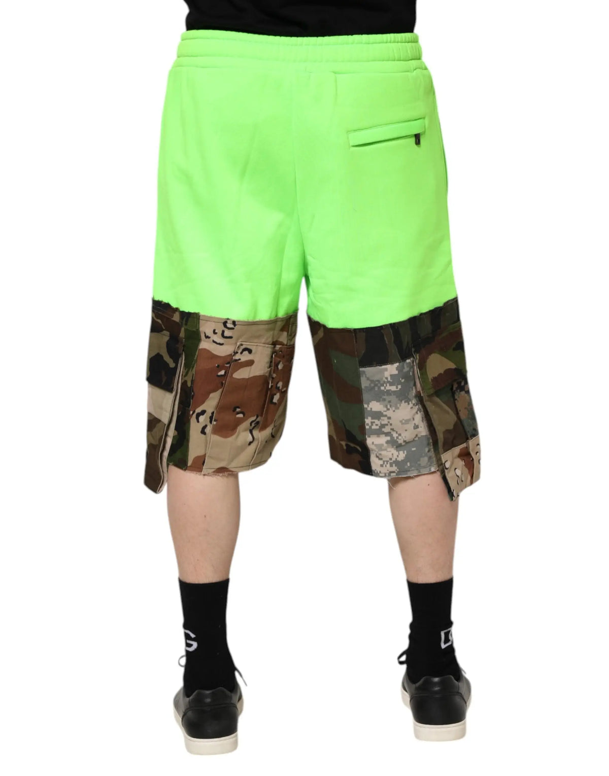 Dolce & Gabbana green patchwork cargo bermuda men shorts with neon green and camouflage pattern and drawstring waistband