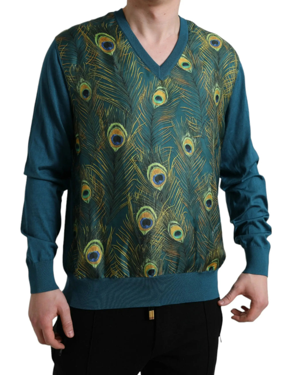 Dolce & gabbana pull vert à col en v avec imprimé plume de paon bleu sarcelle manches longues et bords-côtes