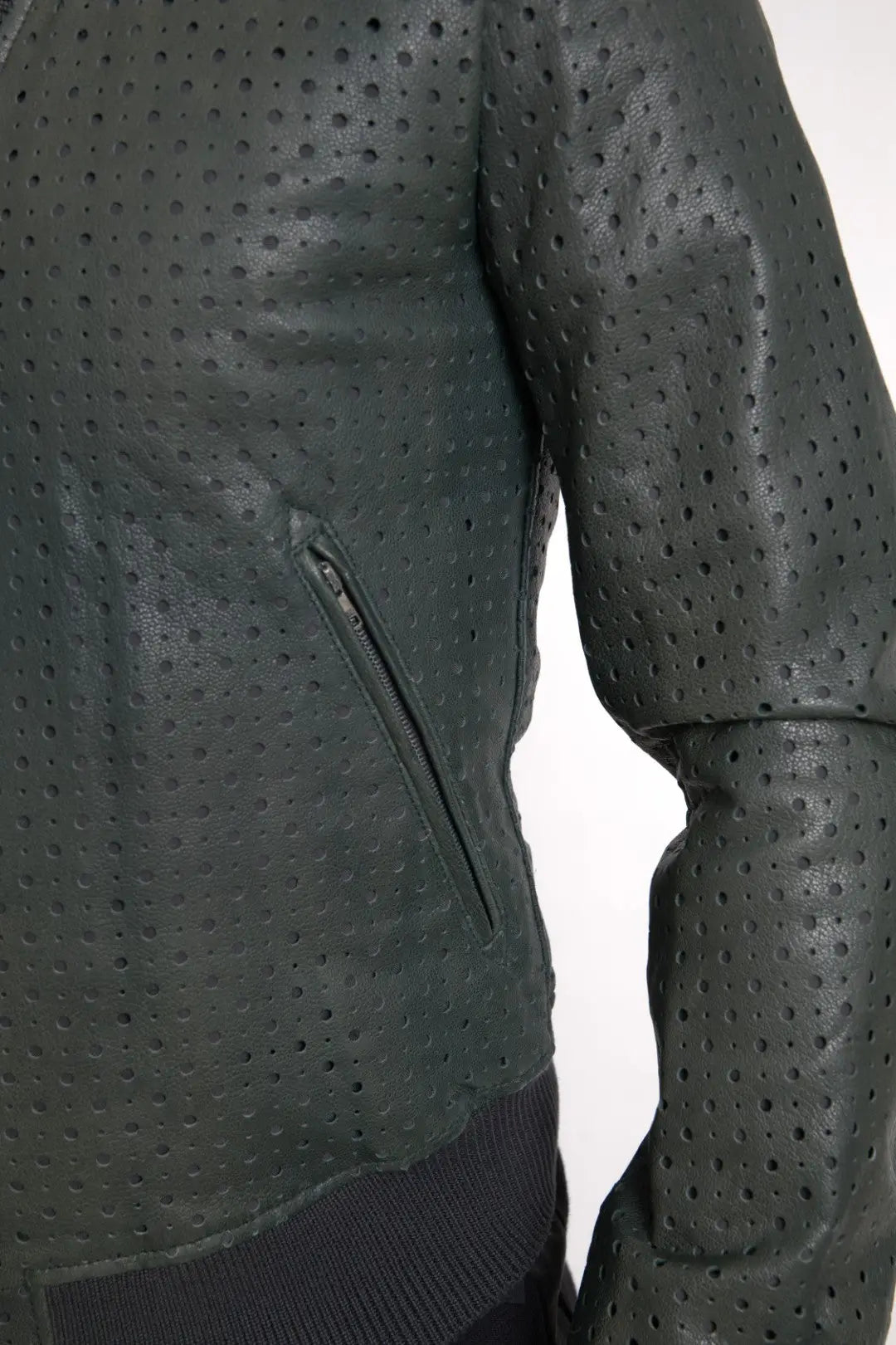Veste bomber en cuir perforé vert foncé dolce & gabbana avec poche zippée en cuir