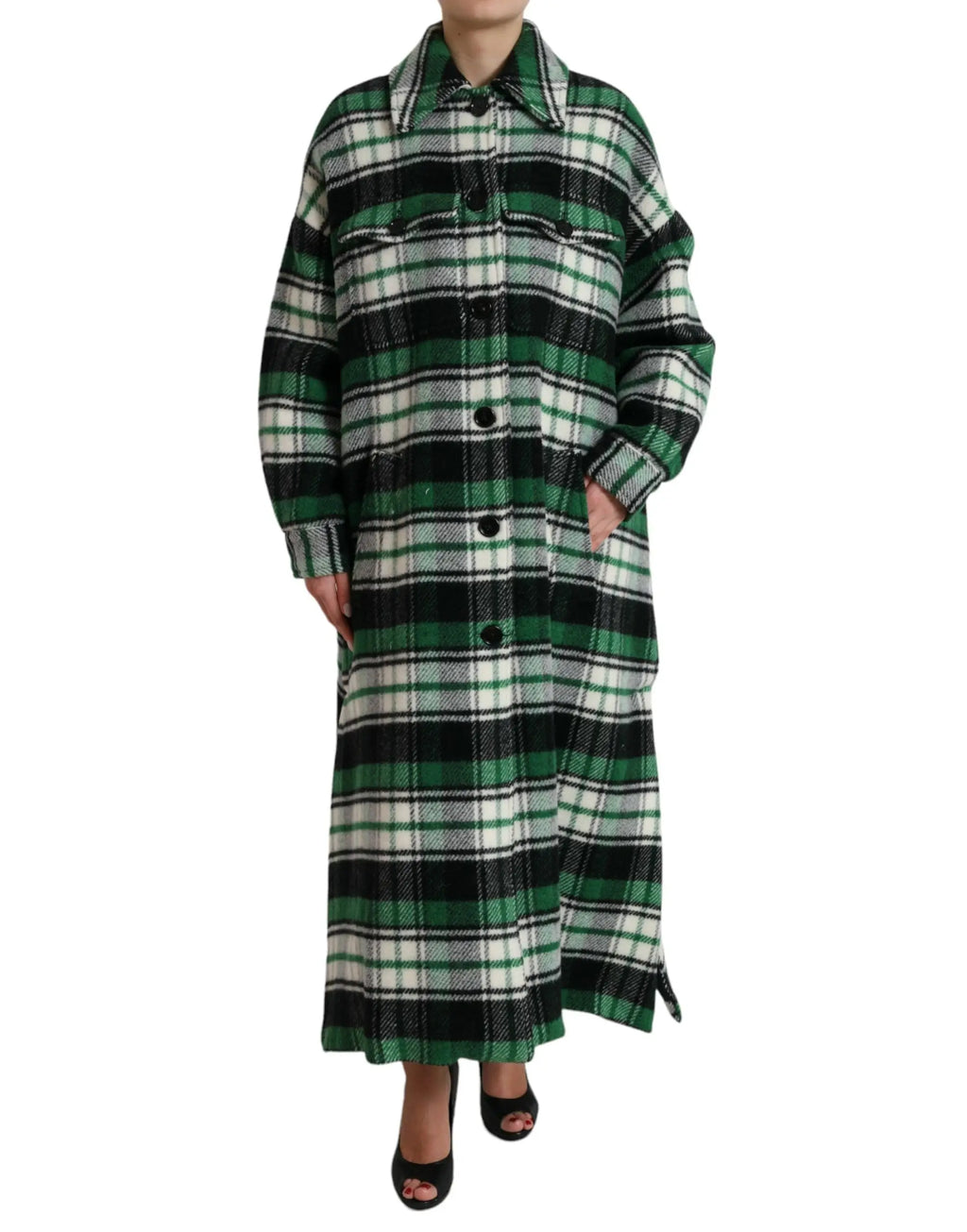 Dolce & Gabbana manteau long en laine vert à carreaux noirs avec col et boutons pour un style casual