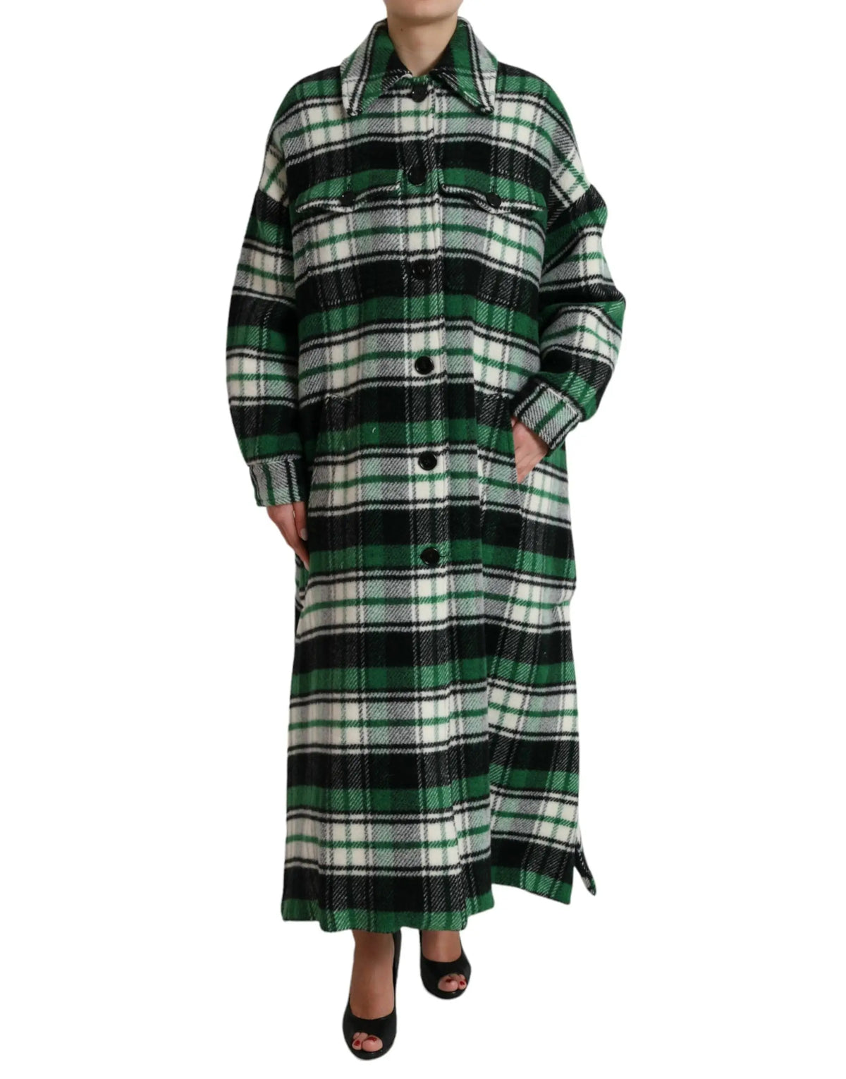 Dolce & Gabbana manteau long en laine vert à carreaux noirs avec col et boutons pour un style casual
