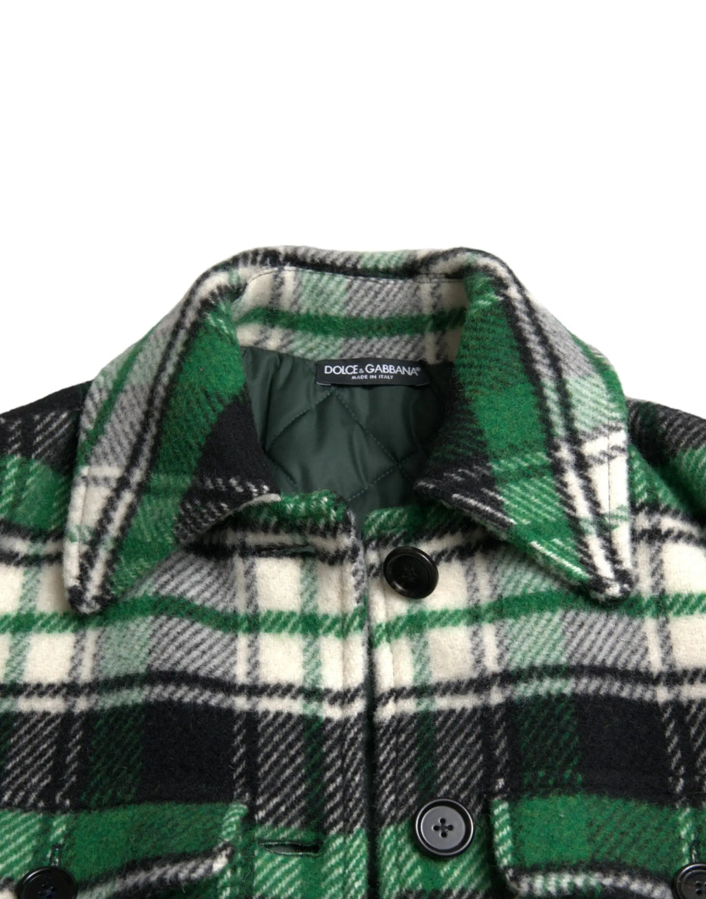 Dolce & gabbana manteau décontracté à manches longues en laine à carreaux verts noirs et blancs avec doublure matelassée