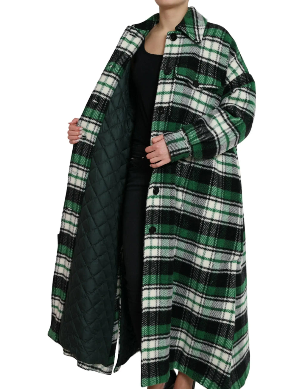 Dolce & gabbana manteau décontracté à manches longues en laine mélangée vert à carreaux noir et blanc avec doublure matelassée