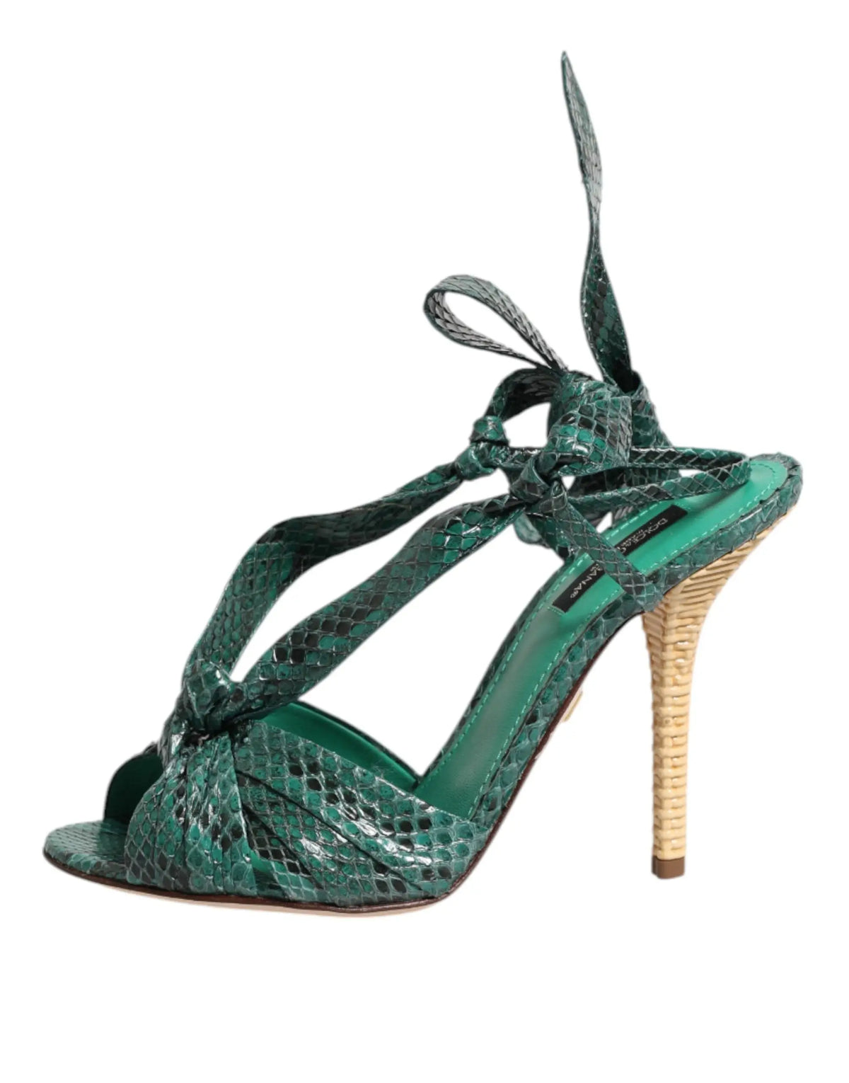 Sandales à talons dolce & gabbana en cuir python vert émeraude avec lanières et talon en paille tressée