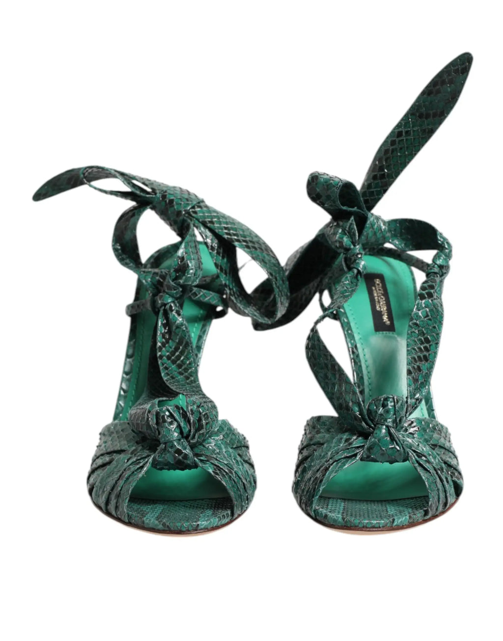 Dolce & gabbana sandales à talons en cuir python vert émeraude avec motif serpent et détails noués élégants