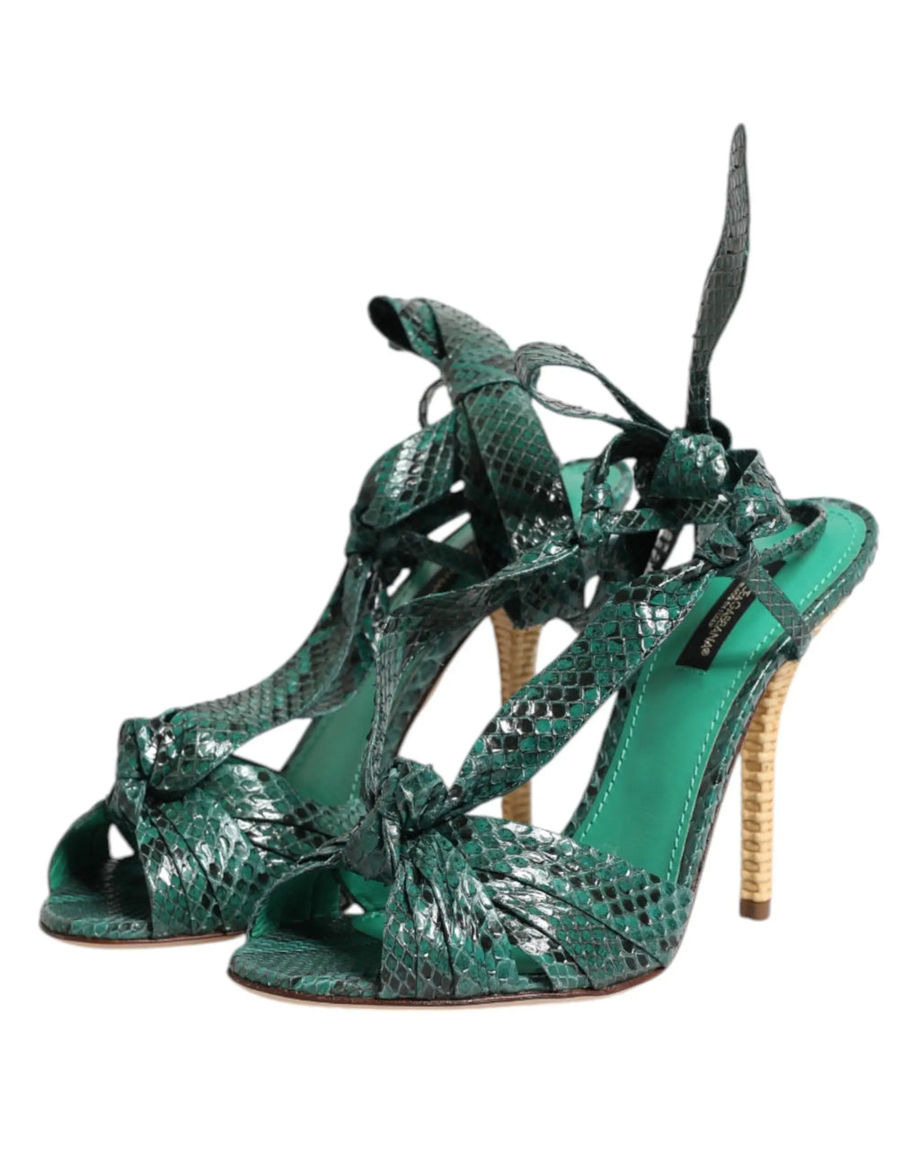 Dolce & gabbana sandales à talons vert émeraude en cuir python avec lanières lacées et talon en paille tressée