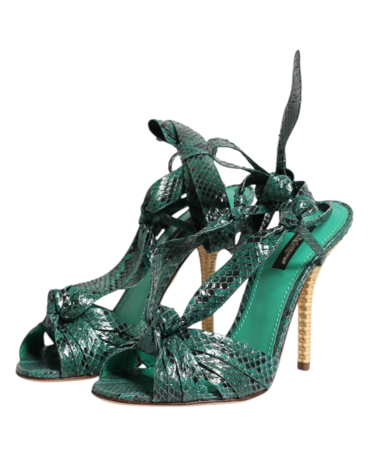 Dolce & gabbana sandales à talons vert émeraude en cuir python avec lanières lacées et talon en paille tressée