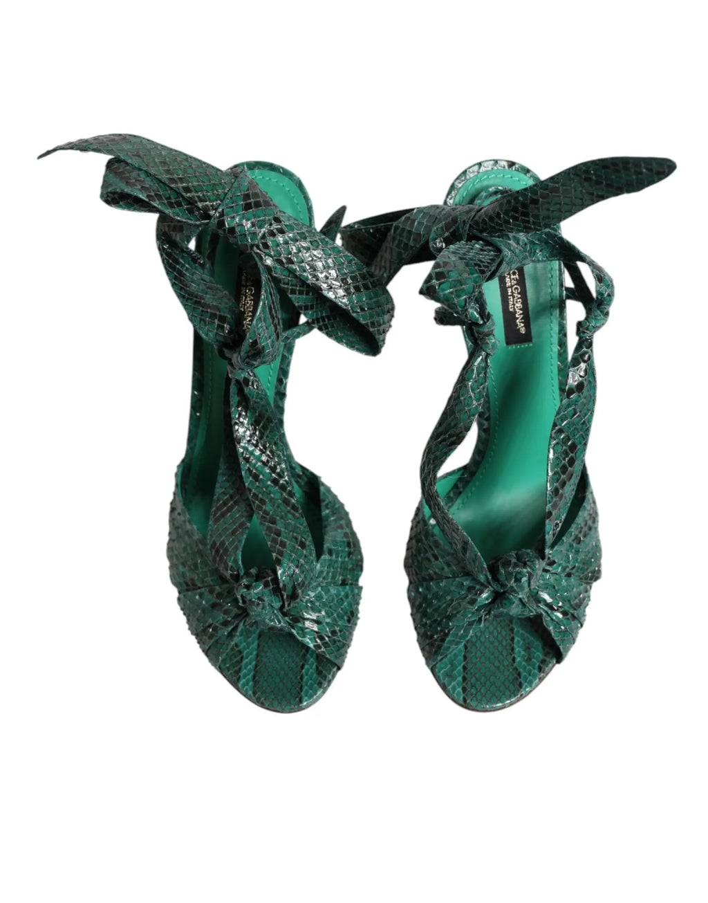 Sandales à talons dolce & gabbana vert émeraude en cuir python avec brides nouées à la cheville et nœud sur le devant