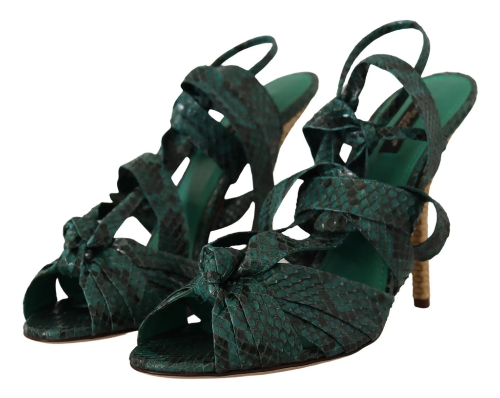 Sandales à talons dolce gabbana vert émeraude en cuir imprimé python avec lanières et talon en liège tressé