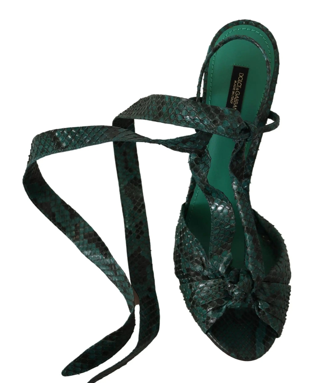 Sandales à talons dolce & gabbana verte en cuir python avec lanières fines et imprimé serpent émeraude