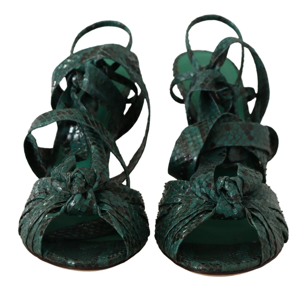 Sandales à talons dolce & gabbana vertes en cuir python avec lanières tissées et détail noué