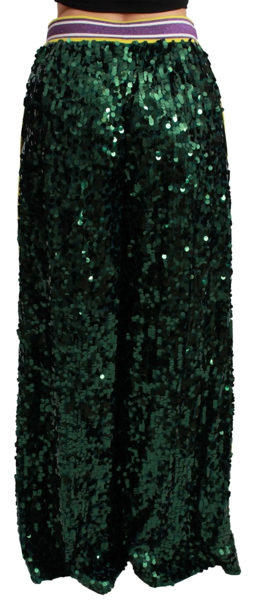 Pantalon dolce & gabbana emerald vert en sequins avec taille élastique rayée et coupe large
