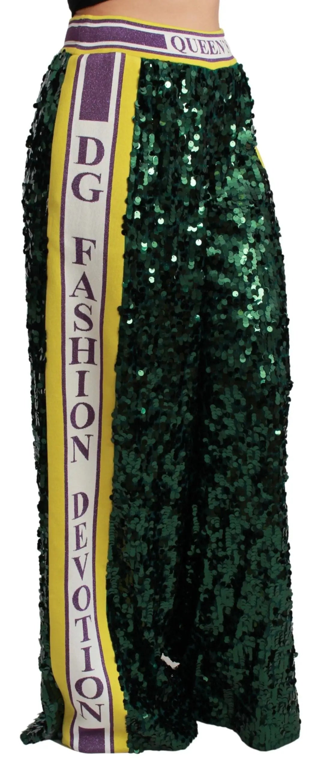 Pantalon large dolce & gabbana vert émeraude en sequins avec taille rayée violette et jaune queen dg fashion devotion