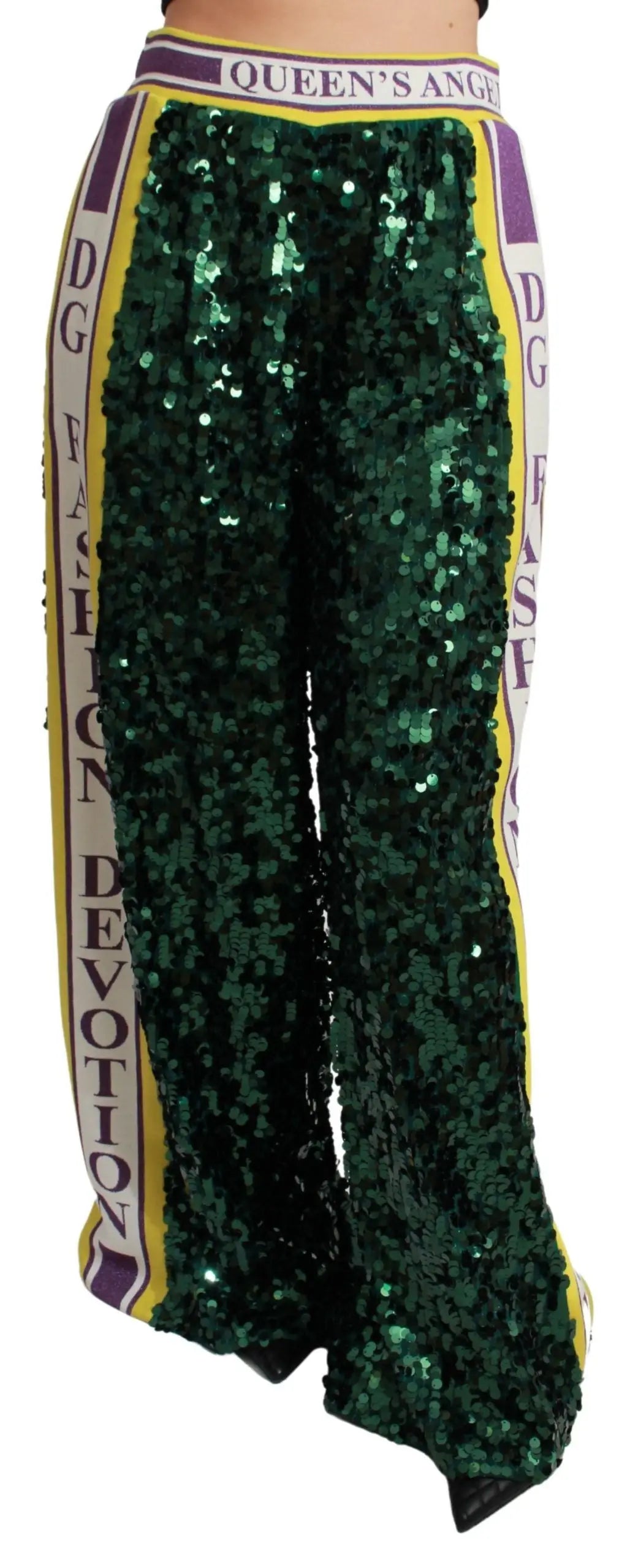 Pantalon dolce gabbana emerald vert sequins avec jambes larges et panneaux latéraux violet et blanc logo dg fashion devotion