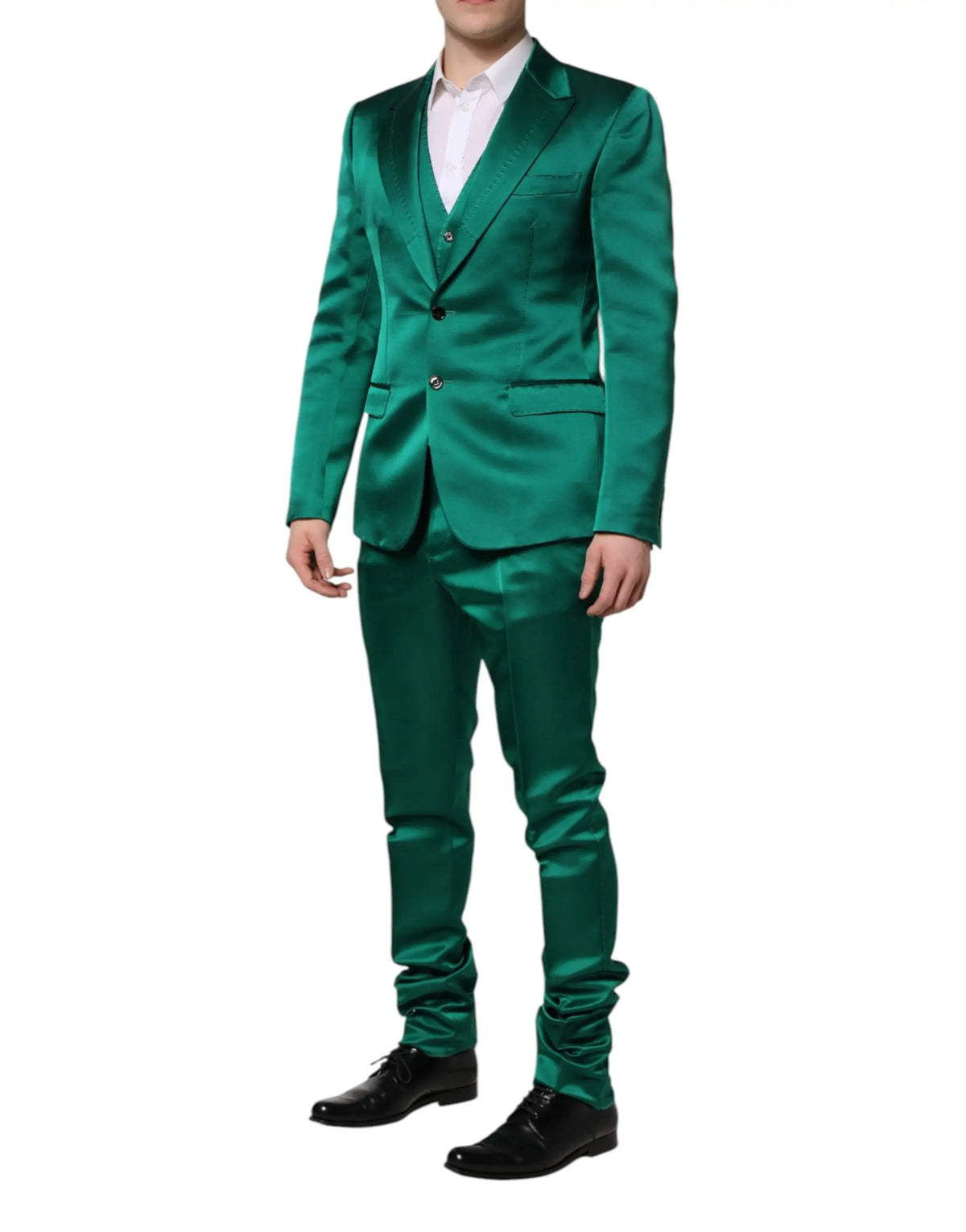 Dolce & gabbana emerald green satin three-piece suit with single breasted jacket in silk fabric