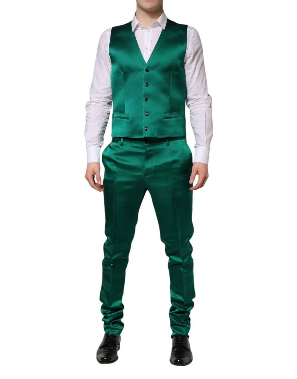 Ensemble veste satin émeraude et pantalon assorti dans le costume dolce & gabbana vert soie trois pièces boutonné simple