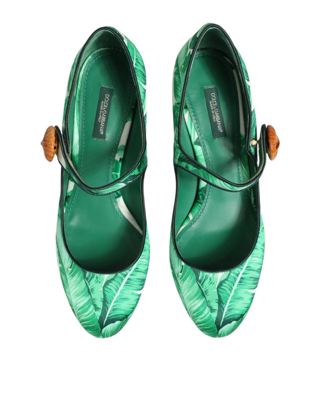 Dolce & gabbana mary janes en soie verte avec imprimé feuilles vert émeraude et boutons en bois