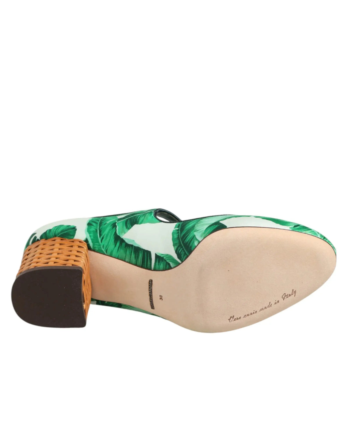 Mule dolce & gabbana en soie verte et blanche à imprimé feuilles avec talon bloc tressé beige