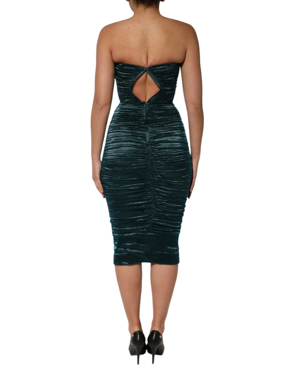 Robe midi ajustée bustier en velours vert émeraude texturé avec découpe dos et fronces dolce & gabbana