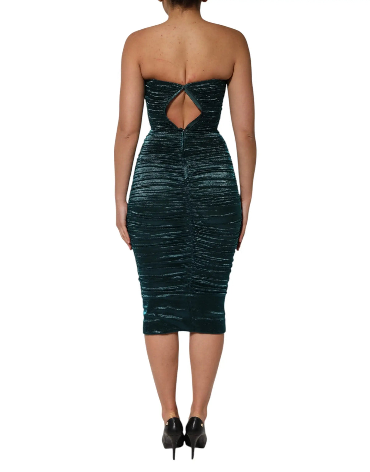 Robe midi ajustée bustier en velours vert émeraude texturé avec découpe dos et fronces dolce & gabbana