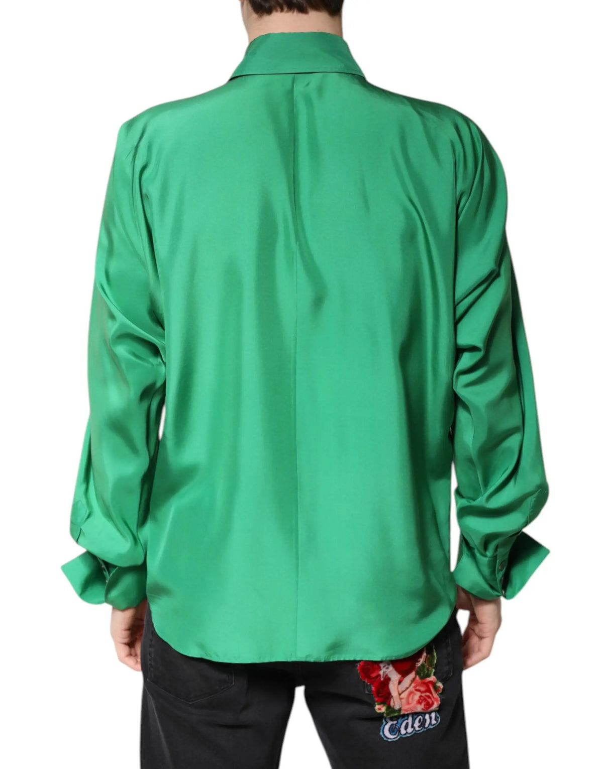 Chemise décontractée à manches longues en satin de soie vert émeraude vif dolce & gabbana avec un léger éclat
