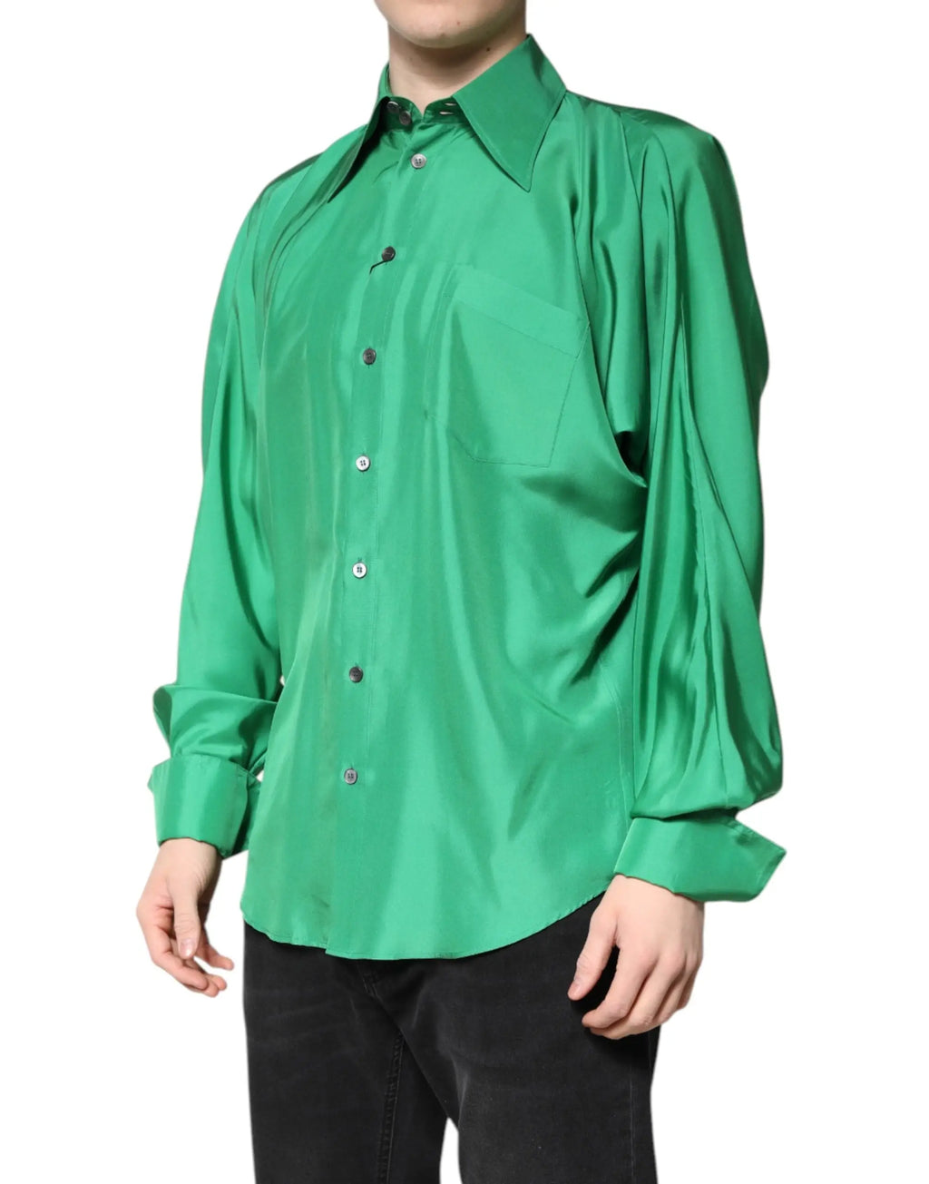 Chemise décontractée dolce & gabbana en satin de soie verte émeraude à manches longues et col classique