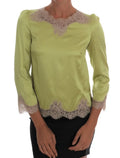 Blouse dolce gabbana verte en satin stretch avec bordure en dentelle beige délicate au col et aux poignets