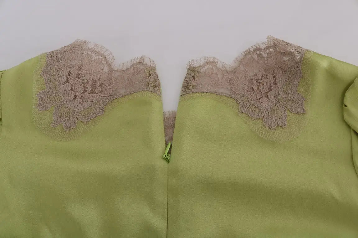 Blouse en soie stretch verte dolce & gabbana avec dentelle florale beige délicate au col